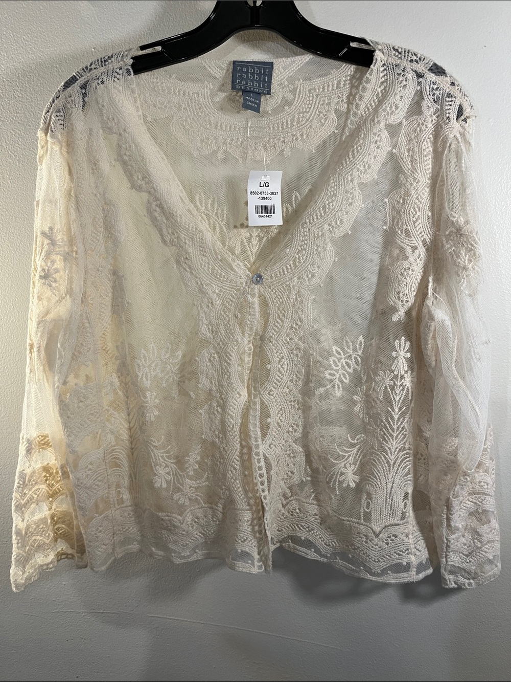 Rabbit Rabbit Rabbit Sheer Embroidered Lace Button-Front Top in Cream